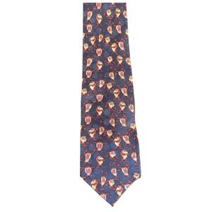 Vintage‎ 90s Looney Tunes Mania Taz Tasmanian Devil Silk Tie Navy Blue Polka Dot